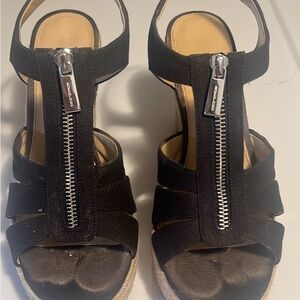 Michael Kora Black Wedge Sandals with Zipper Detail